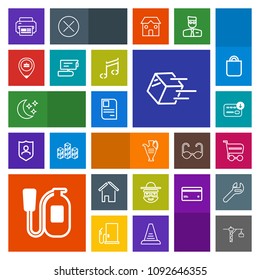 Modern, simple, colorful vector icon set with danger, package, business, house, printer, emergency, transportation, job, hammer, pottery, trolley, finance, sack, construction, estate, shipping icons