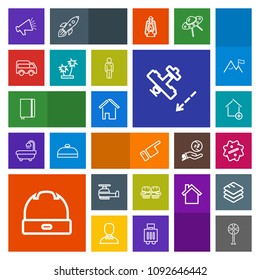 Modern, simple, colorful vector icon set with page, building, air, property, travel, book, speaker, fan, pointing, helicopter, new, sport, house, finger, cap, plane, fight, voice, sound, head icons
