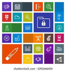 Modern, simple, colorful vector icon set with pen, shop, horse, flight, hour, sound, game, chess, office, security, folder, radio, loud, speaker, safety, station, house, audio, home, estate icons