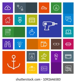 Modern, simple, colorful vector icon set with cloud, delivery, bank, home, screen, equipment, website, helm, van, communication, contract, lamp, estate, table, rudder, computer, interior, money icons