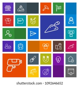 Modern, simple, colorful vector icon set with construction, print, folder, estate, paper, atm, bank, field, shovel, game, sign, office, finance, cocktail, blank, gun, user, tshirt, account, pole icons