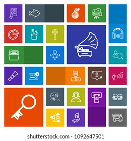 Modern, simple, colorful vector icon set with music, face, success, growth, profile, retro, account, food, house, device, paper, user, lady, file, sign, development, personal, fish, security icons