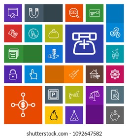 Modern, simple, colorful vector icon set with dollar, map, rudder, education, coin, progress, growth, call, investment, life, travel, wheel, success, nautical, road, library, car, personal, book icons