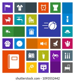 Modern, simple, colorful vector icon set with flag, game, sound, baby, sky, gift, speaker, chess, home, strategy, hat, textbook, literature, celebration, night, pram, astronomy, book, king, sign icons