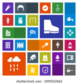 Modern, simple, colorful vector icon set with weather, wedding, equipment, footwear, kitchen, modern, water, computer, cream, rainy, glass, technology, musical, food, construction, love, play icons