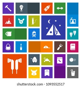Modern, simple, colorful vector icon set with clothing, service, summer, hat, bedroom, juice, container, music, travel, equipment, glass, sea, grass, art, camp, headwear, drink, liquid, wrench icons