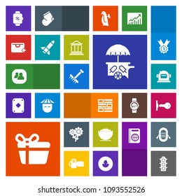 Modern, simple, colorful vector icon set with present, helmet, watch, team, science, security, screen, garden, door, holiday, rake, gadget, group, flower, empty, internet, technology, nature icons