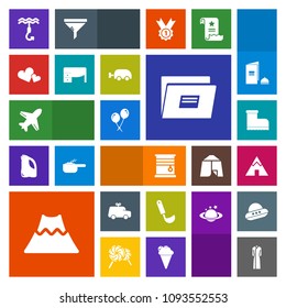 Modern, simple, colorful vector icon set with car, birthday, paper, heart, child, hook, volcano, flight, childhood, aircraft, female, leather, soup, cooking, tent, outdoor, home, landscape, room icons