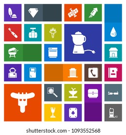 Modern, simple, colorful vector icon set with stove, sale, architecture, meat, telephone, communication, kitchen, search, bbq, care, white, business, shop, gas, stationary, barbecue, magnifier icons