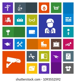 Modern, simple, colorful vector icon set with surveillance, cream, school, male, chalk, trumpet, banner, bar, camera, alcohol, security, blank, furniture, ice, sweet, sign, safety, child, drink icons