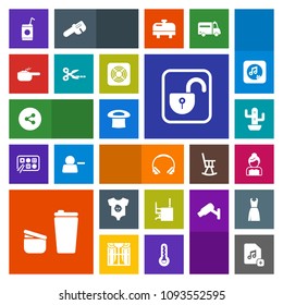 Modern, simple, colorful vector icon set with media, lock, protection, cafe, groom, drink, open, clothing, cactus, sound, couple, security, office, baby, work, clothes, love, file, wedding, cold icons