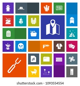 Modern, simple, colorful vector icon set with pants, can, location, casino, road, note, hydrant, success, fashion, business, travel, bin, safety, document, knife, outdoor, sound, dice, music icons