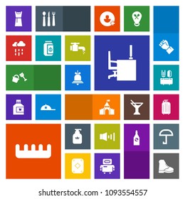 Modern, simple, colorful vector icon set with jam, hygiene, female, spoon, shovel, bucket, clean, bell, beauty, care, soap, glass, work, medieval, weather, wet, travel, dress, rain, alarm, comb icons