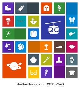 Modern, simple, colorful vector icon set with transportation, clothing, leisure, glass, sport, fun, shirt, parachute, fan, train, guitar, skating, sensu, sky, equipment, astronomy, saturn, jump icons