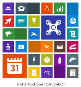 Modern, simple, colorful vector icon set with alcohol, lawn, document, gun, ufo, wine, drone, equipment, business, office, war, military, day, file, building, alien, paper, red, space, megaphone icons