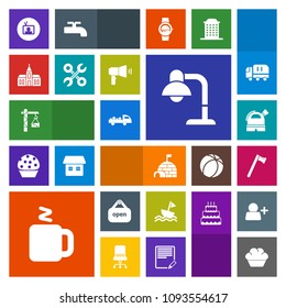 Modern, simple, colorful vector icon set with yacht, nautical, house, technology, construction, wrench, cup, interior, shipping, doughnut, tv, spanner, lamp, store, open, hammer, home, delivery icons
