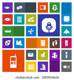 Modern, simple, colorful vector icon set with fun, comb, launch, radio, clothing, paper, fashion, book, sweet, sound, food, light, microphone, brush, bowling, vintage, lollipop, page, phone, bag icons