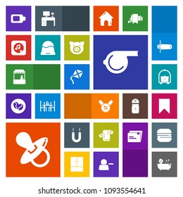 Modern, simple, colorful vector icon set with room, mobile, magnetic, whistle, infant, cap, supermarket, sound, chat, animal, swine, sign, phone, pacifier, referee, battery, communication, bath icons