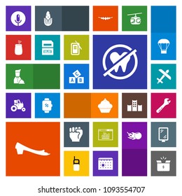 Modern, simple, colorful vector icon set with hammer, box, package, spanner, airplane, people, dessert, health, record, tool, dental, doughnut, finger, aircraft, container, human, sound, flight icons