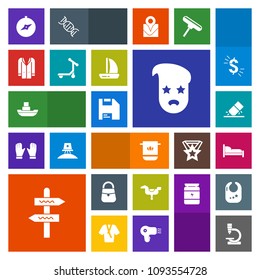 Modern, simple, colorful vector icon set with eraser, play, direction, fashion, ocean, outfit, furniture, bed, soft, coat, computer, kid, white, bedroom, microscope, ship, way, towel, erase, bag icons