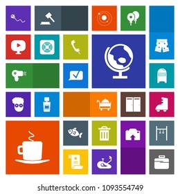 Modern, simple, colorful vector icon set with map, garbage, planet, mailbox, business, recycle, cappuccino, joy, trash, sport, video, media, restaurant, cup, fish, skating, coffee, air, food icons