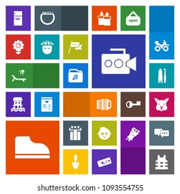 Modern, simple, colorful vector icon set with childhood, hygiene, refrigerator, baby, film, summer, safety, celebration, file, box, toothpaste, video, music, camera, fridge, child, vacation, kid icons