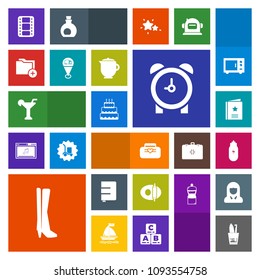 Modern, simple, colorful vector icon set with alarm, page, fashion, white, book, concept, favour, dessert, food, favorite, time, style, dental, footwear, drink, health, hygiene, cooking, video icons