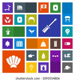 Modern, simple, colorful vector icon set with shell, floral, water, kid, repair, play, pot, spring, energy, dish, food, horse, equipment, healthy, off, turn, child, sea, dessert, clothing, work icons