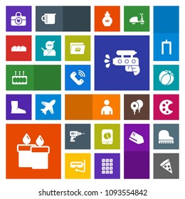 Modern, simple, colorful vector icon set with machine, ball, cake, dessert, palette, drill, fire, gun, boy, work, lunch, business, football, brush, equipment, phone, pizza, candle, apple, fruit icons