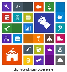 Modern, simple, colorful vector icon set with musical, london, garden, castle, hat, business, architecture, human, building, food, concept, carousel, dentist, candy, music, gardening, drill, eye icons