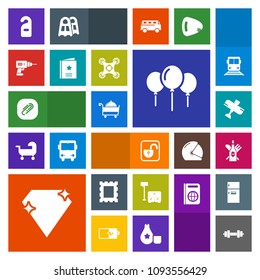 Modern, simple, colorful vector icon set with paper, gem, privacy, hand, birthday, photo, airplane, protection, alcohol, decoration, furniture, table, food, bed, chair, fitness, restaurant, sofa icons