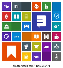 Modern, simple, colorful vector icon set with cup, hot, bookmark, fashion, fun, play, literature, joystick, birthday, check, glass, boy, ladder, percussion, education, celebration, cylinder, hat icons