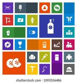 Modern, simple, colorful vector icon set with service, chat, reparation, tool, paint, communication, hotel, dessert, spray, person, cookie, music, construction, hammer, energy, drink, food, cup icons