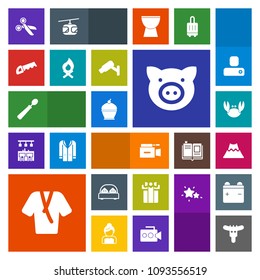 Modern, simple, colorful vector icon set with landscape, bathrobe, box, present, meat, film, pie, tool, bed, sign, animal, television, pork, swine, fashion, sweet, spoon, kitchen, celebration icons