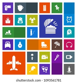 Modern, simple, colorful vector icon set with television, plane, candle, photography, video, skating, sweet, technology, light, airplane, alien, cold, flame, camera, fiction, machine, monster icons