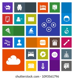 Modern, simple, colorful vector icon set with spoon, boiler, doughnut, account, technology, vacation, wind, water, globe, kitchen, food, earth, burger, nature, pizza, road, equipment, game, play icons