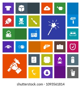 Modern, simple, colorful vector icon set with medicine, juice, security, cosmos, sweet, pistol, check, medical, foreman, cosmonaut, toy, media, science, industry, double, weapon, heart, magic icons