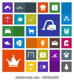 Modern, simple, colorful vector icon set with crown, japan, glass, star, cafe, royal, power, vacuum, queen, housework, security, sign, espresso, door, caffeine, car, drink, event, coffee, cart icons