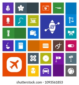 Modern, simple, colorful vector icon set with food, ball, cosmos, hamburger, astronomy, fashion, football, boat, suit, travel, disc, folder, pie, sailboat, document, dvd, sickle, armchair, cd,  icons