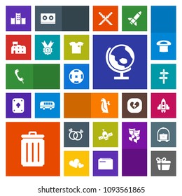 Modern, simple, colorful vector icon set with diamond, trash, gift, wedding, business, hotel, way, ring, orbit, celebration, toy, spaceship, house, can, phone, rocket, children, penguin, present icons