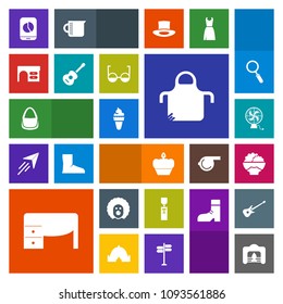 Modern, simple, colorful vector icon set with rice, mobile, musical, work, apron, dessert, desk, character, cake, fashion, agriculture, music, circus, eyeglasses, clown, guitar, fire, gallon icons