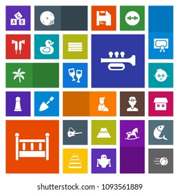 Modern, simple, colorful vector icon set with football, glass, alcohol, wine, musical, ball, waiter, drink, red, guitar, duck, rubber, lava, mountain, baby, trumpet, crater, cradle, leaf, food icons