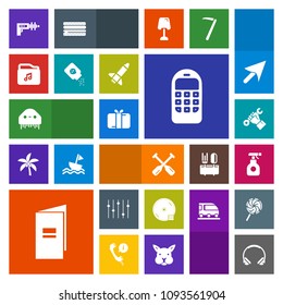 Modern, simple, colorful vector icon set with water, sound, ufo, equipment, box, modern, old, oar, mobile, fiction, dvd, disk, book, phone, alien, pesticide, space, builder, paper, telephone, cd icons