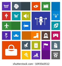 Modern, simple, colorful vector icon set with music, award, joystick, foot, plant, leaf, sport, card, bag, toy, footwear, rocket, plane, fitness, up, energy, volume, nature, boot, market, play icons