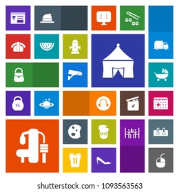 Modern, simple, colorful vector icon set with stroller, sport, schedule, device, time, bag, sushi, fish, sweet, kid, fitness, hydrant, seafood, exercise, doughnut, tent, menu, dessert, mouse icons
