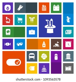 Modern, simple, colorful vector icon set with music, watch, clock, penguin, baby, toy, document, food, trolley, transportation, biology, microphone, bus, , health, radio, report, grain, minute icons