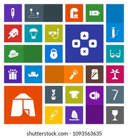 Modern, simple, colorful vector icon set with food, home, fun, clothes, temperature, spacecraft, lock, nature, outdoor, adventure, clothing, leaf, ufo, thermometer, shirt, green, glass, camp icons