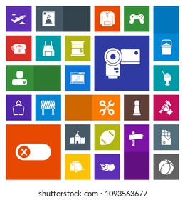 Modern, simple, colorful vector icon set with service, departure, music, cream, food, tower, ball, flight, human, sweet, photographer, sport, game, camera, phone, industry, dessert, construction icons