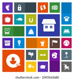 Modern, simple, colorful vector icon set with flower, pram, energy, user, fitness, sign, pie, healthy, food, home, stone, sweet, magnet, spring, bed, cherry, music, carriage, bucket, old, sakura icons