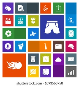 Modern, simple, colorful vector icon set with dessert, business, building, wear, play, candle, service, game, doughnut, planet, orbit, brush, decoration, waitress, clock, toothbrush, poker, tag icons